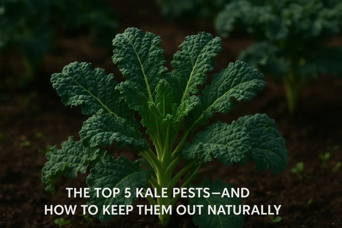 A mature kale plant growing in rich, dark soil with deep green, textured leaves spread outward in full sunlight. In the background, more kale plants are softly blurred. At the bottom of the image, white text reads: “The Top 5 Kale Pests—and How to Keep Them Out Naturally.”