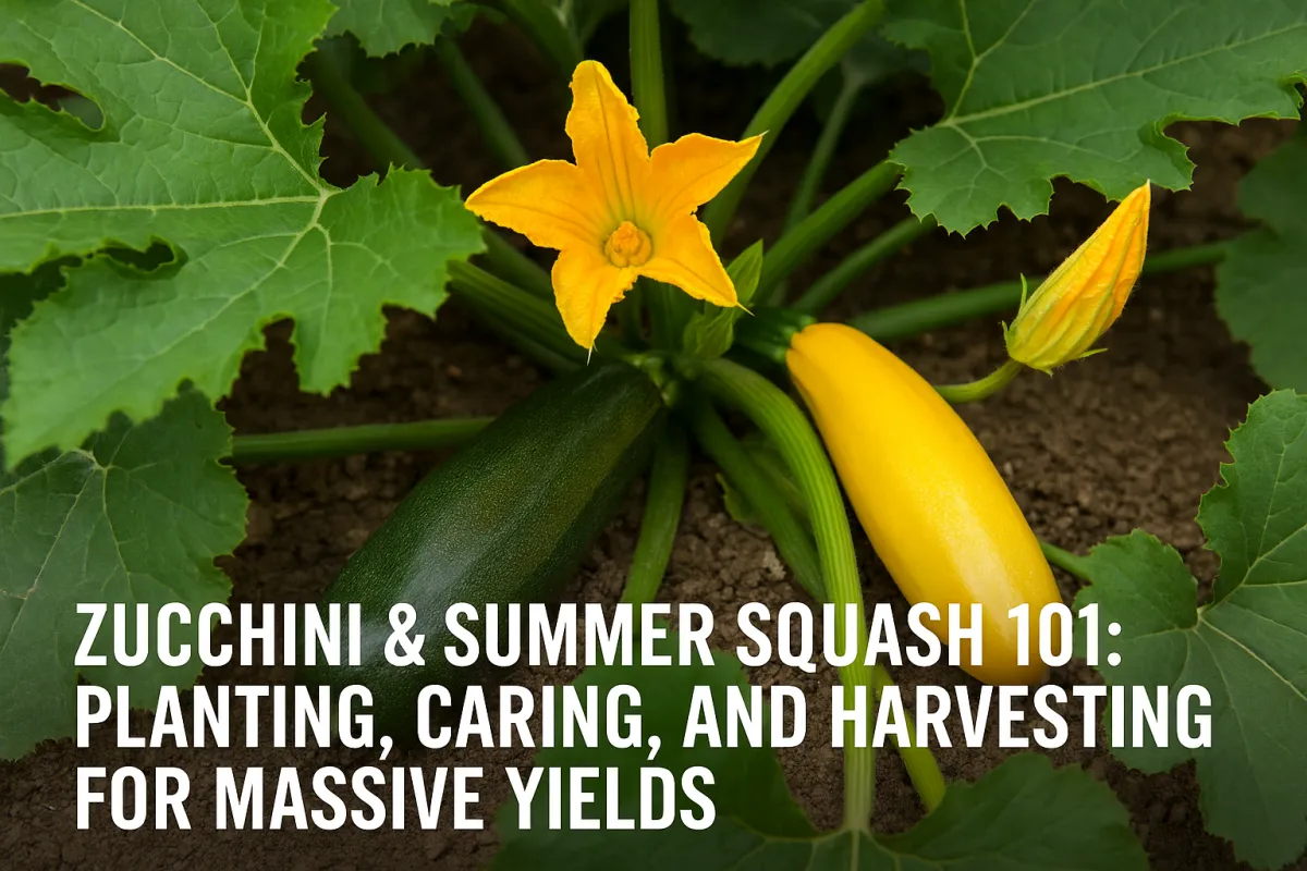 Close-up of a healthy zucchini and yellow summer squash plant growing in rich soil, with vibrant green leaves and bright yellow blossoms. The squash are nestled at the base, ready for harvest, with bold white text at the bottom reading “ZUCCHINI & SUMMER SQUASH 101: PLANTING, CARING, AND HARVESTING FOR MASSIVE YIELDS.”