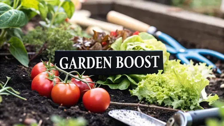 Freshly harvested tomatoes and leafy greens sit on rich garden soil next to gardening tools, with a black sign reading "GARDEN BOOST" prominently displayed in the center.