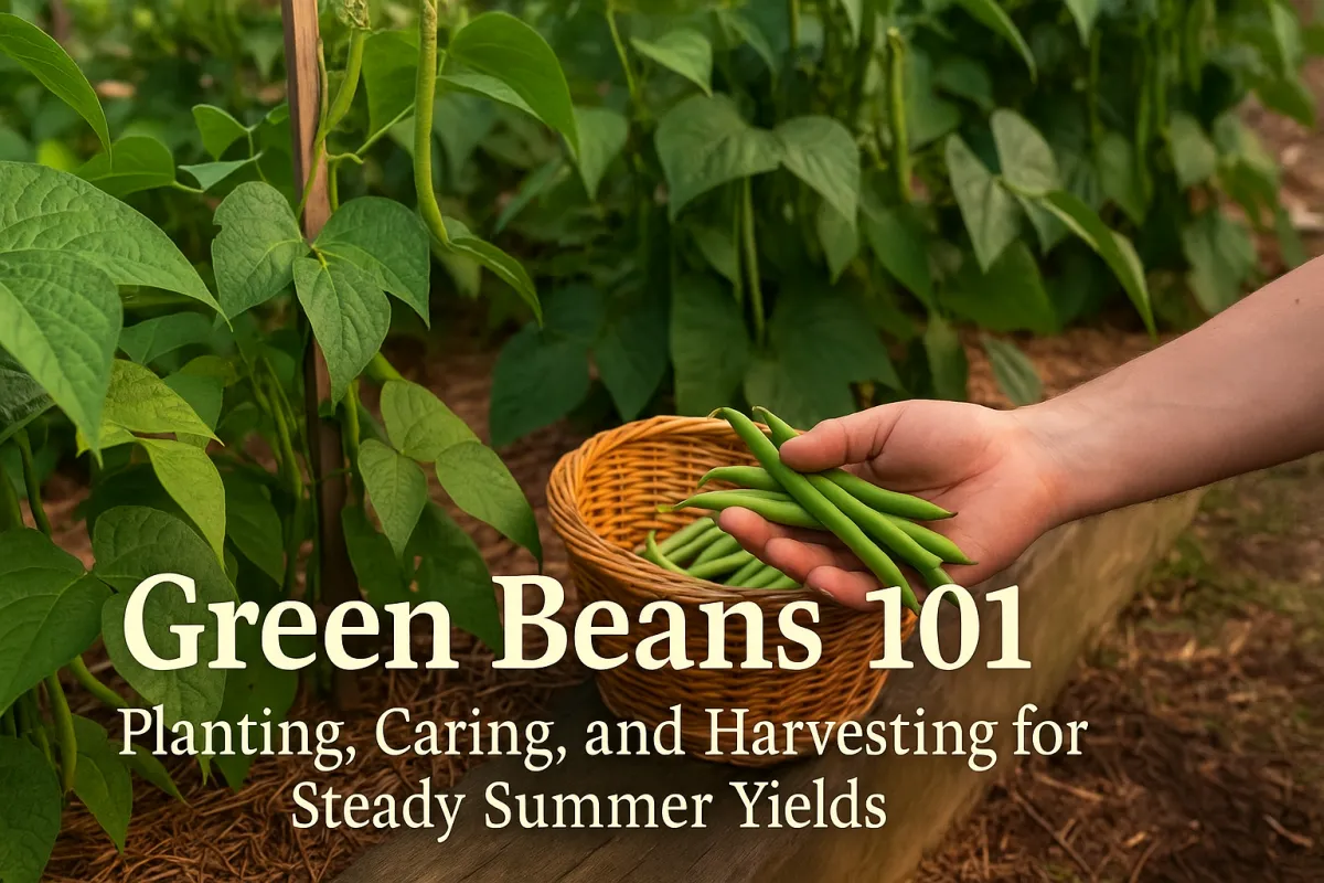 A hand harvesting fresh green beans from a raised garden bed filled with lush bush and pole bean plants. A wicker basket of beans rests nearby. Overlaid text reads: "Green Beans 101 – Planting, Caring, and Harvesting for Steady Summer Yields." The image is bathed in warm, natural light.