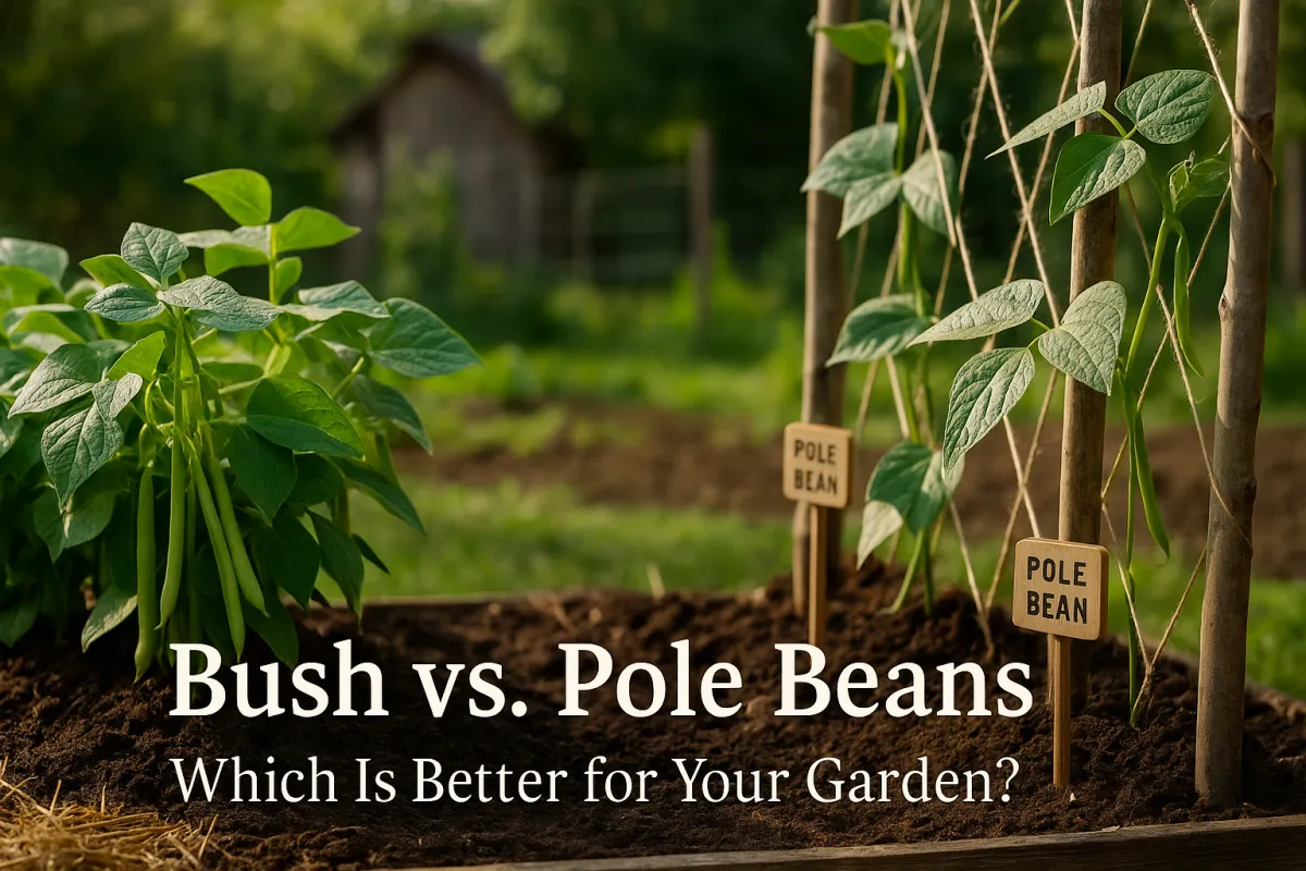 A side-by-side comparison of bush beans and pole beans in a raised garden bed. On the left, compact bush bean plants with visible green pods grow low to the soil. On the right, pole bean vines climb a rustic wooden trellis with string supports. Both are labeled with small garden signs, and a soft-focus homestead garden with a shed is in the background. Text at the bottom reads: “Bush vs. Pole Beans – Which Is Better for Your Garden?”