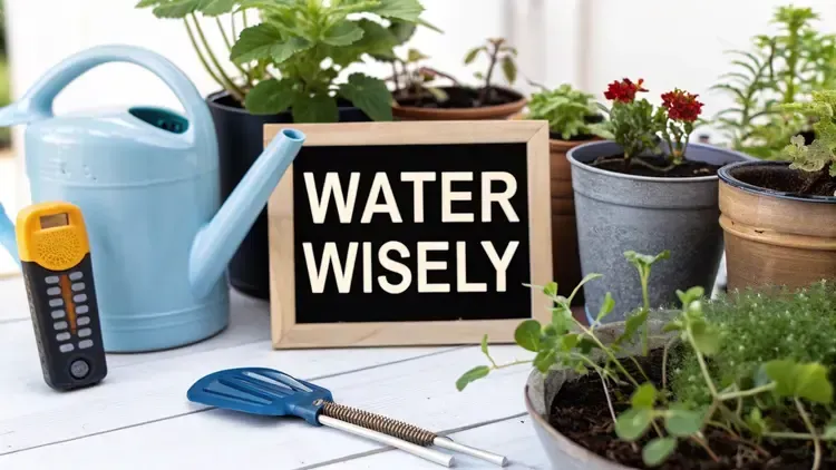 "Tabletop gardening scene with various potted plants, a blue watering can, a soil moisture meter, and a small garden trowel, centered around a black sign with bold white letters that reads 'WATER WISELY' to emphasize smart watering practices."