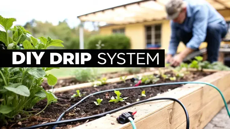 Raised garden bed with young vegetable plants and a DIY drip irrigation system installed along the soil surface. In the background, a person in a blue shirt is crouched down adjusting the system. The image has a bold text overlay that reads 'DIY DRIP SYSTEM.'