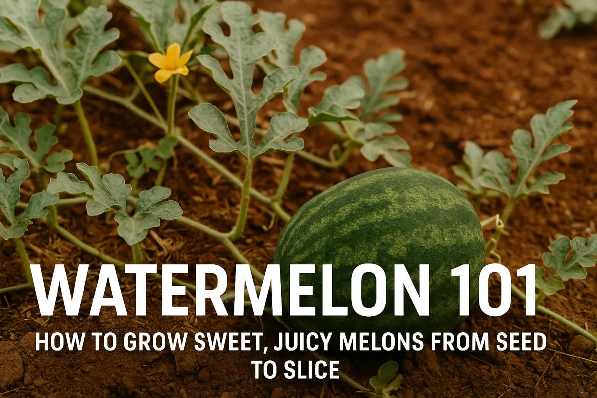 A young watermelon growing on rich reddish-brown soil, surrounded by sprawling green vines and a small yellow flower, with bold white text at the bottom reading 'Watermelon 101: How to Grow Sweet, Juicy Melons from Seed to Slice'.