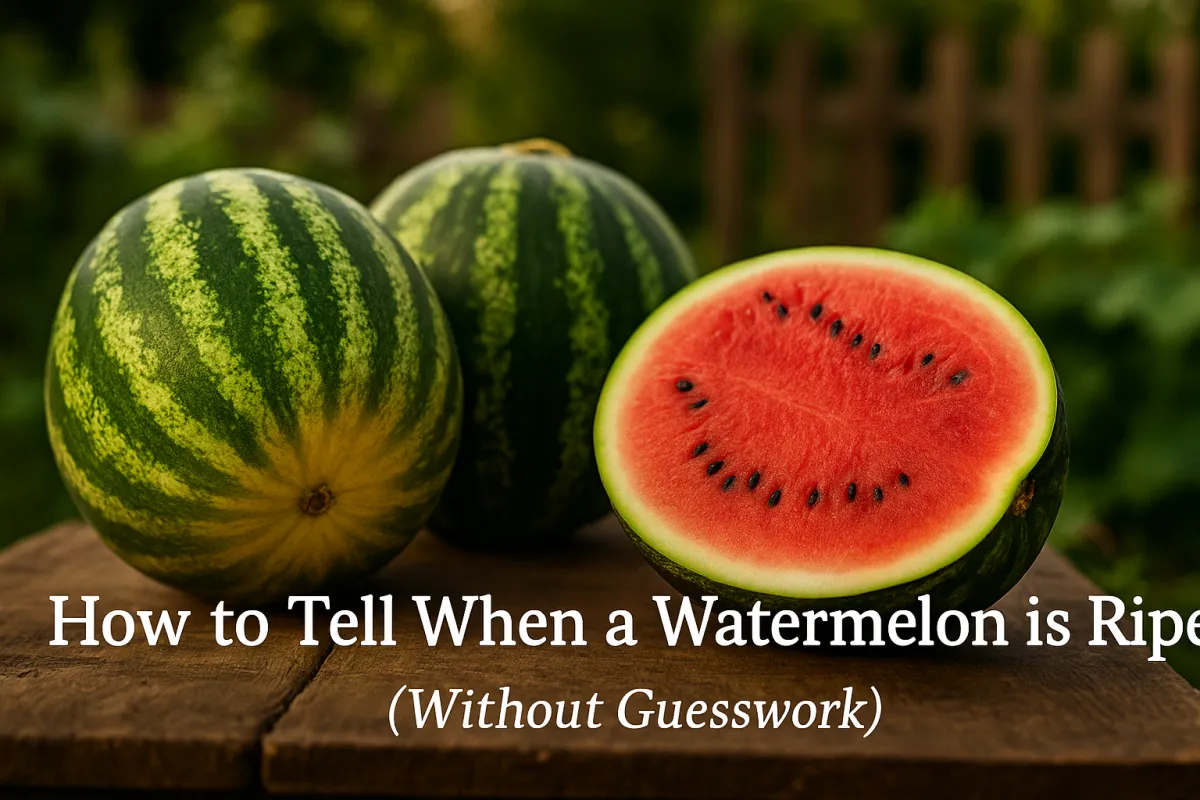 Rustic outdoor scene with two whole watermelons on a wooden surface, one showing a creamy yellow ground spot, alongside a cut watermelon revealing bright red flesh and black seeds; soft garden background with text on bottom third reading ‘How to Tell When a Watermelon is Ripe (Without Guesswork).’