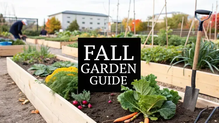 Raised garden beds in a community garden with leafy greens, radishes, and carrots growing, a shovel stuck in the soil, and a sign in the center reading 'FALL GARDEN GUIDE'; trees with autumn foliage and a building are visible in the background.