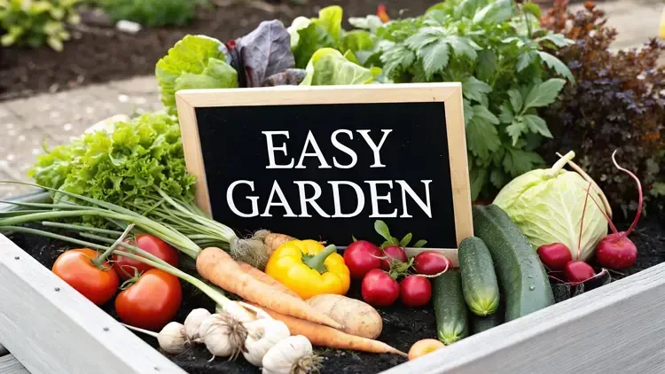 A raised garden bed filled with fresh vegetables like tomatoes, carrots, garlic, bell pepper, radishes, cucumbers, and leafy greens. A small blackboard sign in the center reads 'EASY GARDEN.' Lush green plants grow in the background, showcasing a thriving vegetable garden.