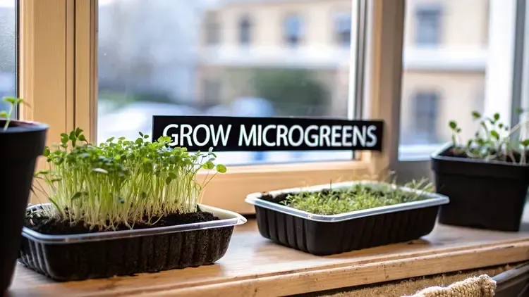 Trays of microgreens growing on a sunny indoor windowsill next to a sign that reads 'GROW MICROGREENS.' The young green sprouts are lush and healthy, growing in black plastic trays filled with soil.
