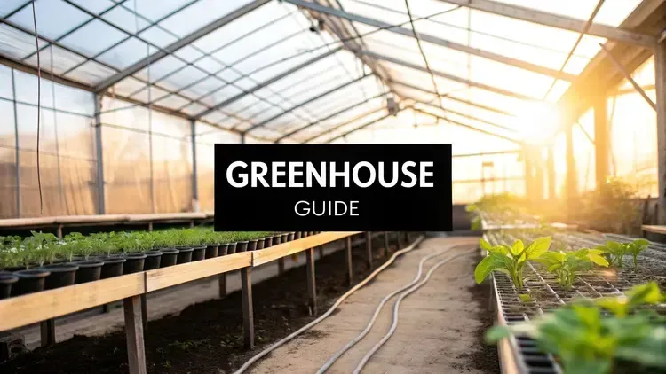Inside view of a greenhouse at sunrise with rows of young plants growing in pots on raised benches and irrigation hoses running along the ground. Text overlay reads 'GREENHOUSE GUIDE.'