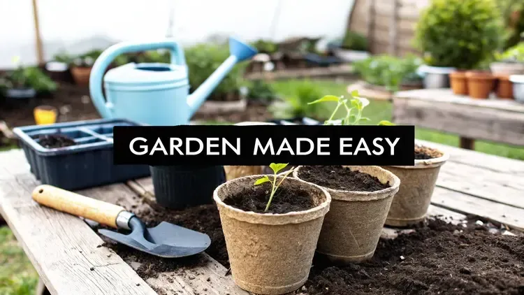 Small biodegradable pots with young seedlings sit on a wooden table surrounded by soil, a hand trowel, and a blue watering can in a garden setting. Text overlay reads 'GARDEN MADE EASY.'