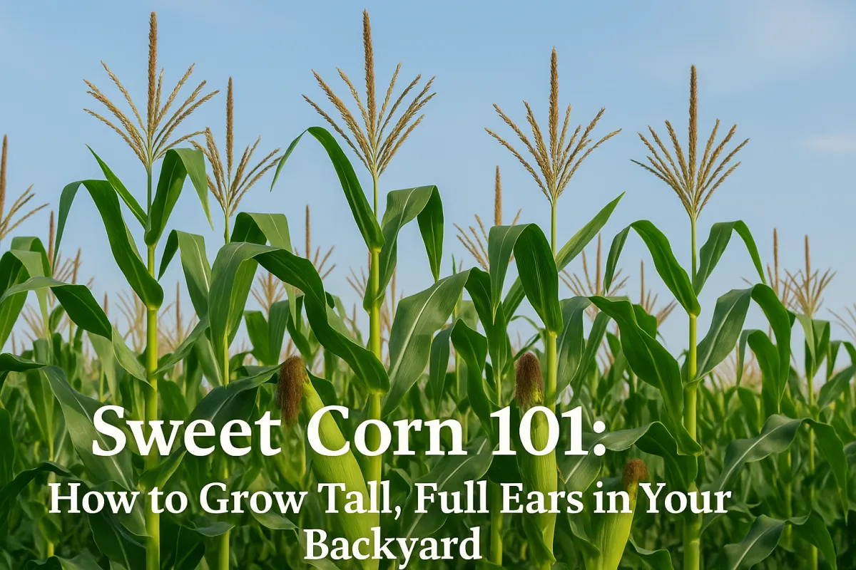 A sunlit cornfield with tall green stalks topped by golden tassels under a clear blue sky. Bold white text at the bottom reads: “Sweet Corn 101: How to Grow Tall, Full Ears in Your Backyard.” The vibrant scene emphasizes healthy, mature corn plants stretching upward, capturing the promise of a bountiful harvest.