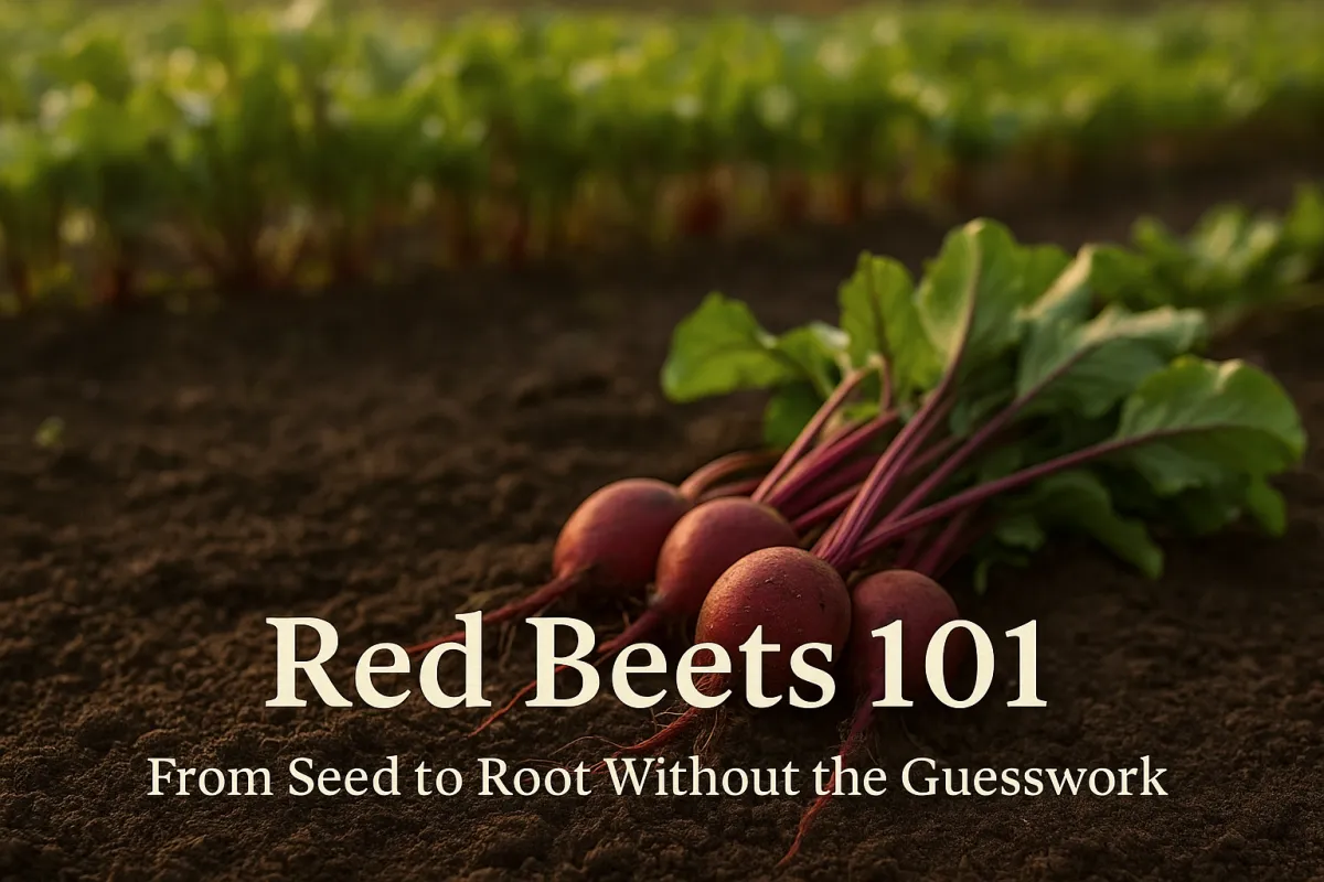 A realistic landscape photo showing freshly harvested red beets with green tops resting on dark, loose garden soil. In the softly blurred background, rows of healthy beet plants stretch into the distance under warm, natural sunlight. The text “Red Beets 101: From Seed to Root Without the Guesswork” appears in the bottom third of the image in a clean, rustic serif font.