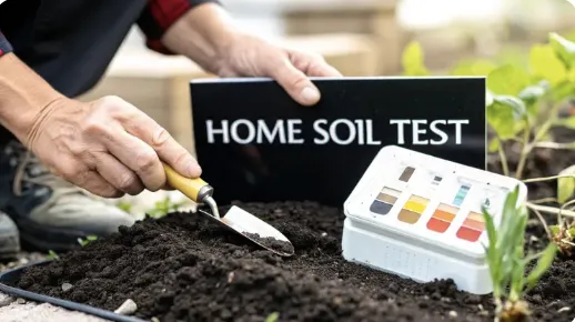 erson using a hand trowel to dig into garden soil next to a home soil testing kit displaying pH color strips. A sign in the background reads 'HOME SOIL TEST.'