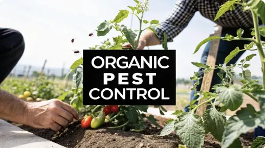 Two people tending tomato plants in a garden, inspecting leaves and fruit for pests. A few bugs are visible flying near the plant. Text overlay reads 'ORGANIC PEST CONTROL.'