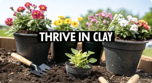 Potted flowering plants and a small green seedling placed on top of clay soil in a raised garden bed. Garden tools lie nearby. Text overlay reads 'THRIVE IN CLAY.'