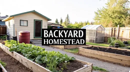Backyard homestead with raised garden beds full of leafy greens, a small greenhouse, a compost barrel, and a modest shed. Pathways divide the garden, all enclosed by a wooden fence under clear skies.