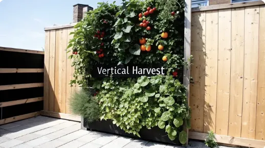 Vertical garden setup labeled "Vertical Harvest," mounted on a wooden fence in a sunny outdoor space, densely planted with tomatoes, herbs, and leafy greens.