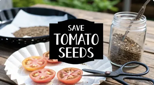 Close-up of a wooden table with a coffee filter holding sliced tomatoes, a pair of black scissors, and a glass jar of dried seeds with a spoon inside. In the background, a black tray lined with paper holds drying seeds. Overlay text reads “Save Tomato Seeds.