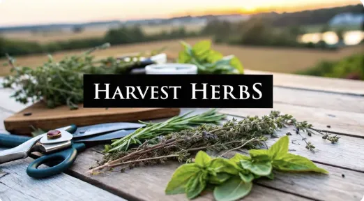 A rustic wooden table with freshly harvested herbs, including thyme, rosemary, and mint, along with pruning shears and twine, set against a scenic sunset view of a field.