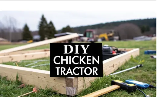 A partially built wooden frame for a DIY chicken tractor is laid out on green grass with tools scattered nearby, including a clamp, tape measure, and level, with a black sign in the center reading "DIY CHICKEN TRACTOR."