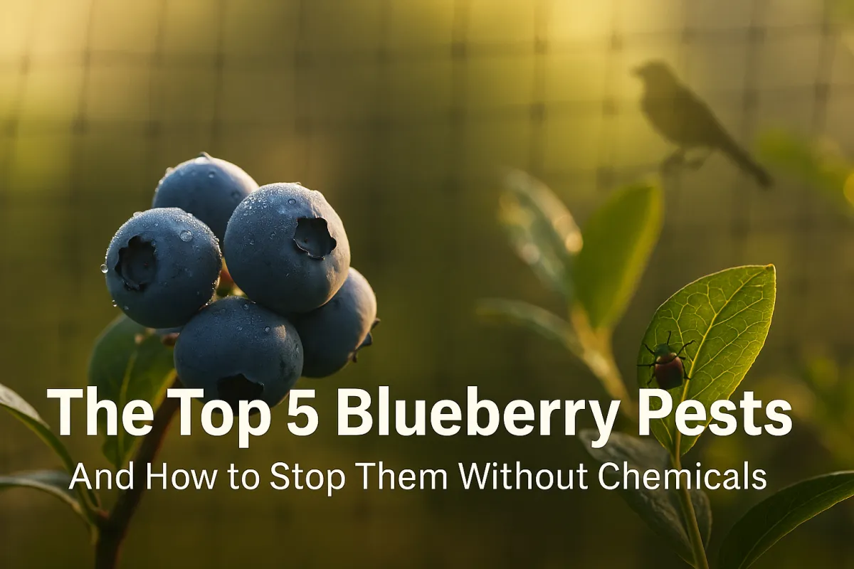 Landscape photo of ripe blueberries with morning dew in sharp focus, a Japanese beetle on a nearby leaf, netting in the background, and a bird silhouette perched behind, with overlaid title text reading “The Top 5 Blueberry Pests – And How to Stop Them Without Chemicals.”