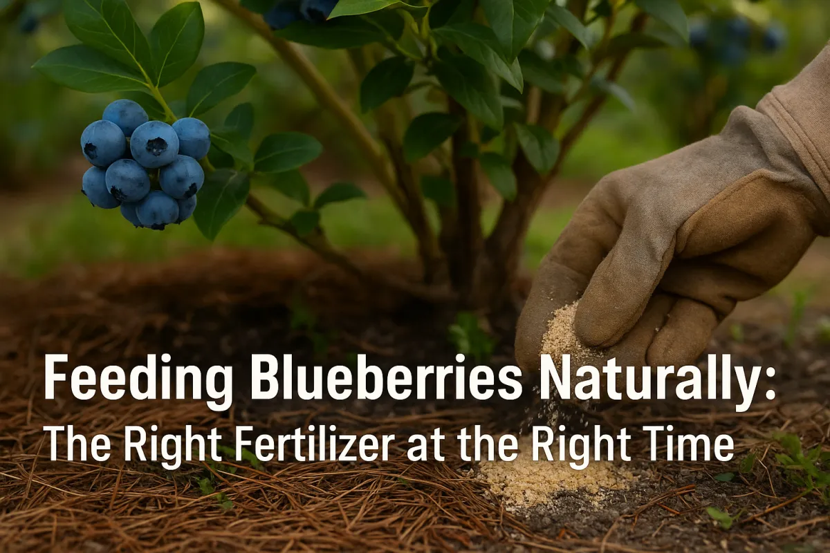 Close-up of a gardener’s gloved hand applying natural fertilizer at the base of a blueberry bush mulched with pine needles, with ripe blueberries visible on the branch, overlaid with the title text “Feeding Blueberries Naturally: The Right Fertilizer at the Right Time” in bold white letters at the bottom.