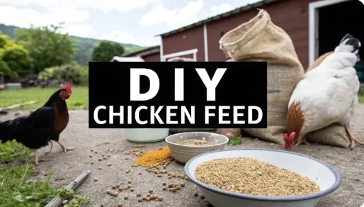 Two chickens near bowls of grains, seeds, and powdered supplements outside a red barn, with a burlap sack of feed in the background. Text overlay reads “DIY Chicken Feed.”