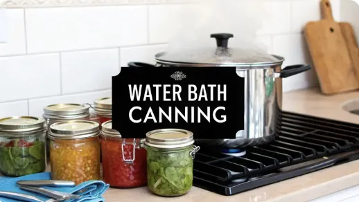 Kitchen stovetop scene with a steaming pot used for water bath canning, surrounded by jars of preserved vegetables and fruits. Text overlay reads “Water Bath Canning.”