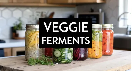 Row of colorful jars filled with assorted fermented vegetables, including cucumbers, peppers, and beets, on a wooden countertop in a bright kitchen, labeled 'Veggie Ferments'.