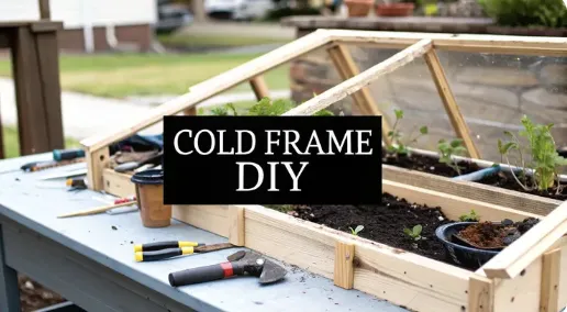 Partially built wooden cold frame with clear panels on an outdoor table, surrounded by gardening tools, labeled 'Cold Frame DIY'.