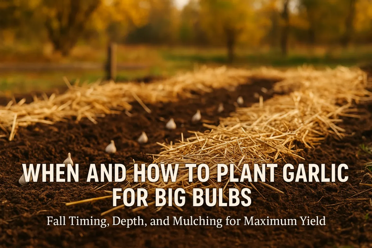 Lifelike photo of a fall garlic planting bed with neat rows of cloves in dark soil, partially covered by golden straw mulch, under warm afternoon light.