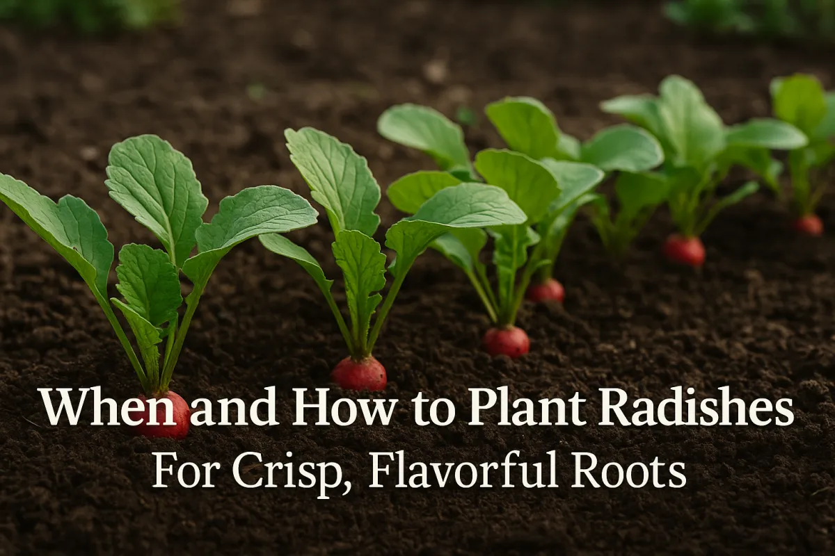 Close-up of a neat row of young radish plants growing in dark, rich soil, with small red roots visible and bold title text overlay reading “When and How to Plant Radishes for Crisp, Flavorful Roots” in the bottom third.
