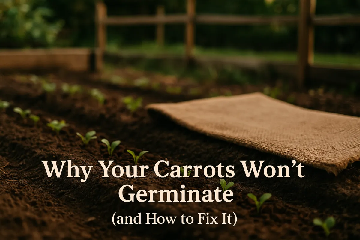 Freshly planted carrot row with moist soil, small seedlings sprouting, and a burlap cover partially over the bed. Rustic garden fence blurred in background. Title text reads: ‘Why Your Carrots Won’t Germinate (and How to Fix It).