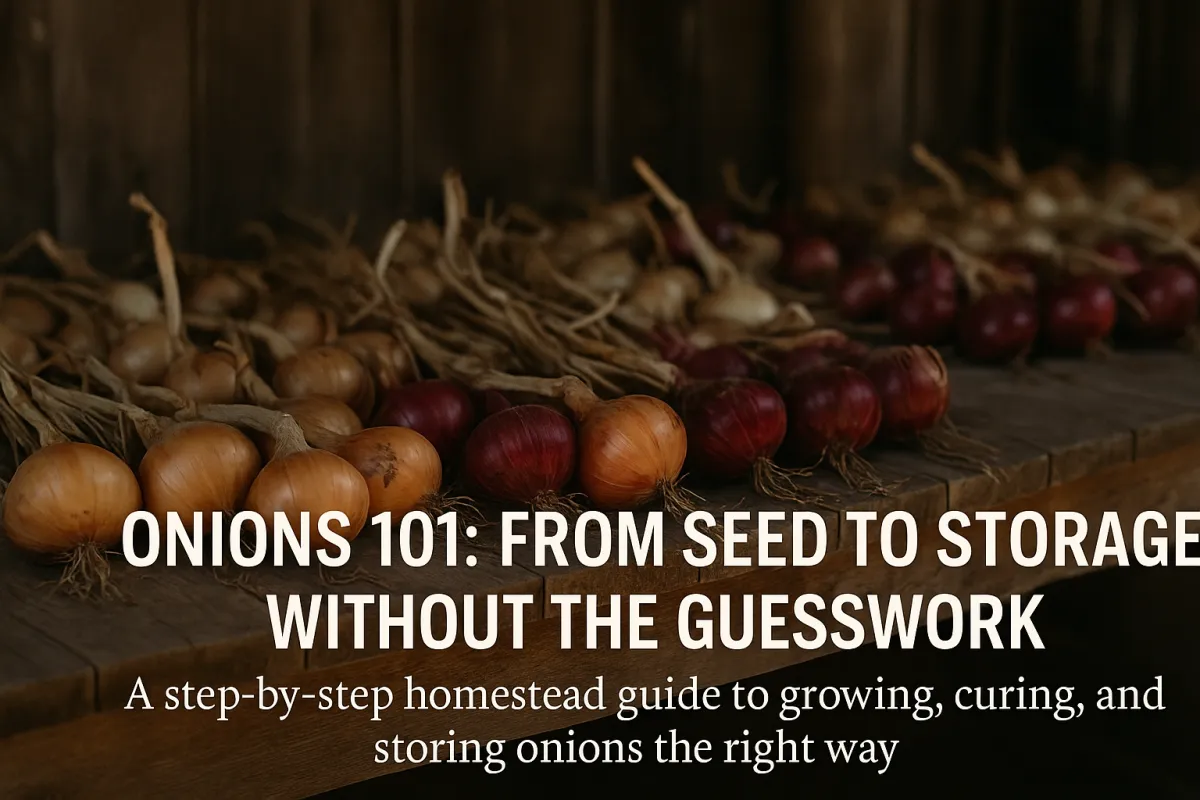 Rows of yellow and red onions curing on wooden racks inside a rustic barn, with overlay text reading ‘Onions 101: From Seed to Storage Without the Guesswork.’