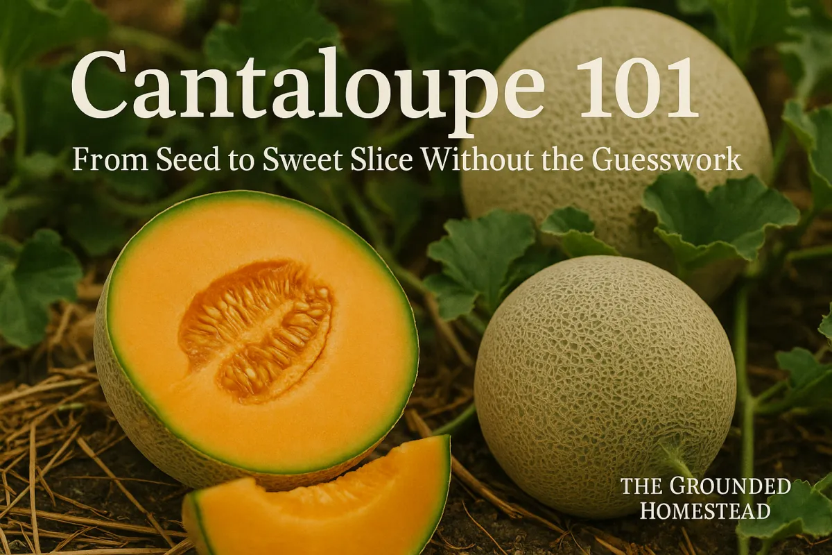 Ripe cantaloupes growing in a garden bed with straw mulch and green vines. One cantaloupe is sliced open to reveal bright orange flesh, with overlaid text reading ‘Cantaloupe 101: From Seed to Sweet Slice Without the Guesswork’ and watermark ‘The Grounded Homestead.’