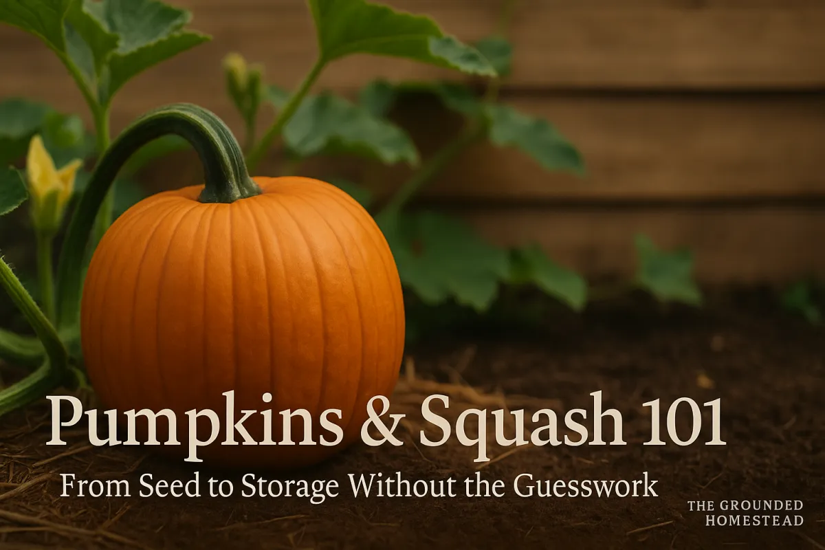 Landscape header image featuring a single bright orange pumpkin with attached green vine and leaves, resting on dark soil in front of a blurred wooden backdrop. Bold text at the bottom reads ‘Pumpkins & Squash 101: From Seed to Storage Without the Guesswork,’ with The Grounded Homestead watermark in the corner.