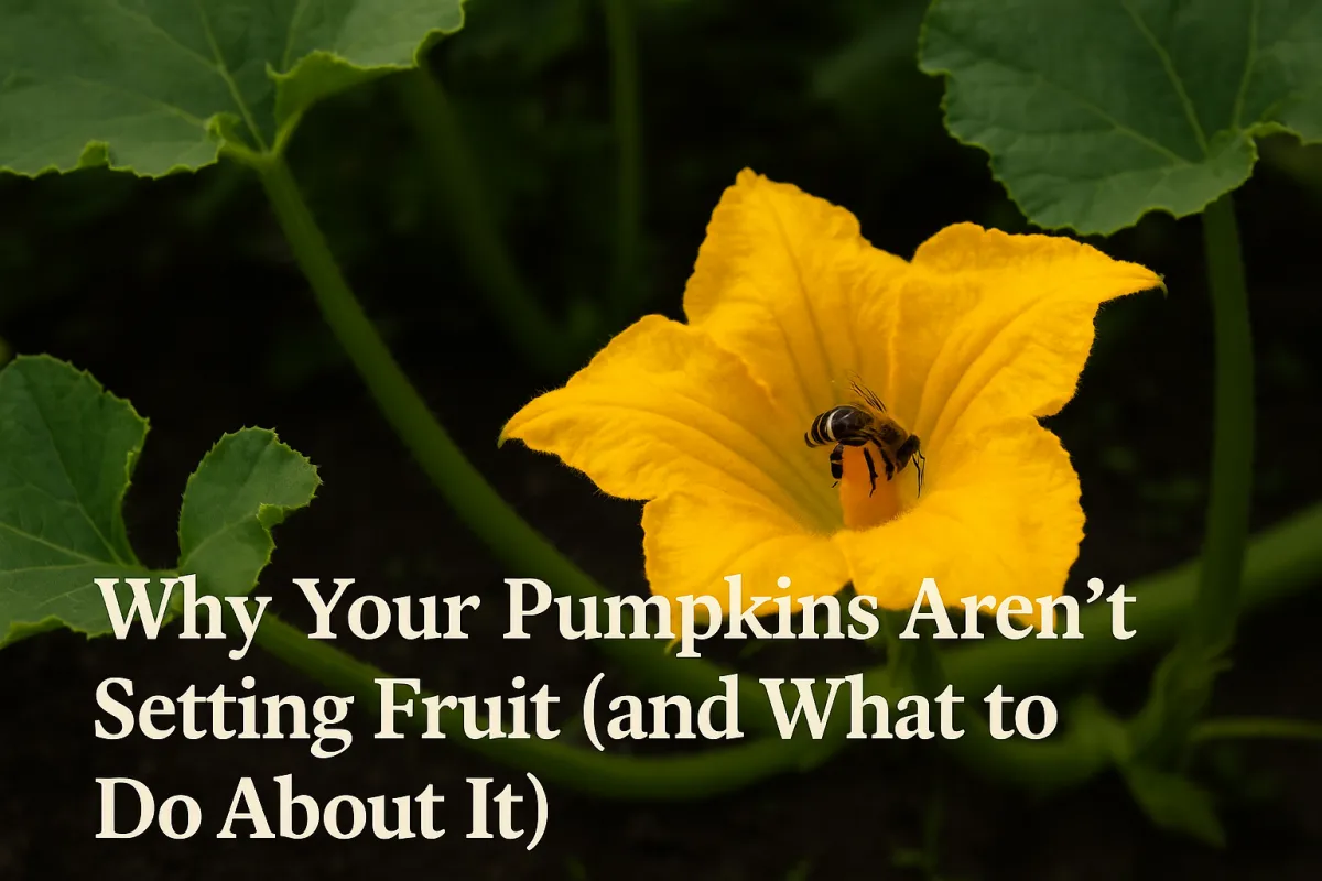 Close-up of a yellow pumpkin flower with a bee inside collecting pollen, surrounded by green leaves. White title text reads: ‘Why Your Pumpkins Aren’t Setting Fruit (and What to Do About It).’