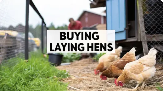 Three brown hens pecking at the ground near a blue chicken coop, with a farmer blurred in the background. Text overlay reads “Buying Laying Hens.”