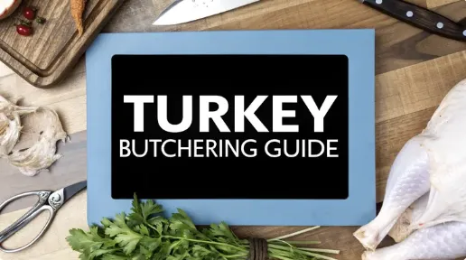 Overhead view of a cutting board with parsley, knives, poultry shears, and a raw turkey leg. Text overlay reads “Turkey Butchering Guide.”