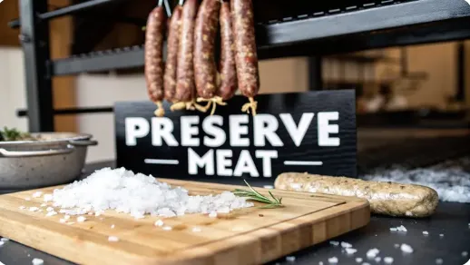 Close-up of a cutting board with coarse salt and rosemary sprig in front of hanging sausages, with a sign reading 'Preserve Meat' in the background.