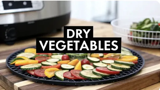 Tray of sliced zucchini, bell peppers, and tomatoes prepared for drying, with text overlay reading 'Dry Vegetables' and a dehydrator in the background.