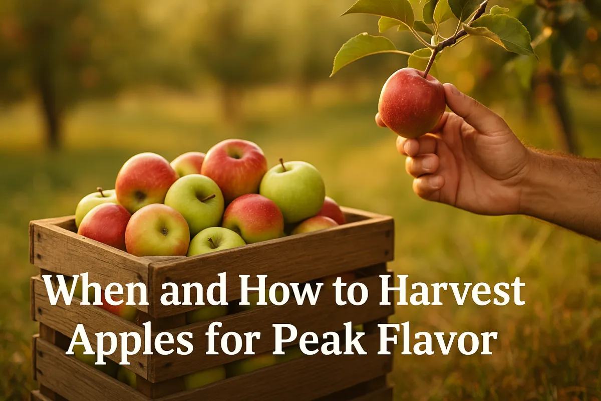 A rustic wooden crate filled with red and green apples sits in a sunlit orchard. A hand gently twists a ripe apple from a branch. Text overlay reads: “When and How to Harvest Apples for Peak Flavor.”