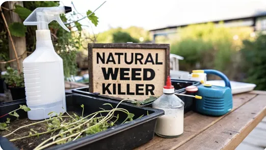 Outdoor wooden table with natural weed killer supplies, including a spray bottle, squeeze bottle, watering can, and a tray of weeds. A sign in the center reads 'Natural Weed Killer,' emphasizing homemade garden-friendly herbicide solutions.