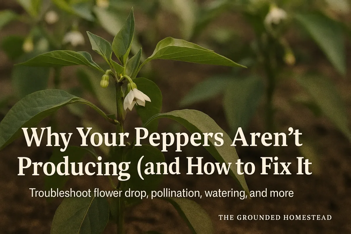 Close-up of a pepper plant with green leaves and white blossoms, no fruit yet, with overlaid text reading ‘Why Your Peppers Aren’t Producing (and How to Fix It).’