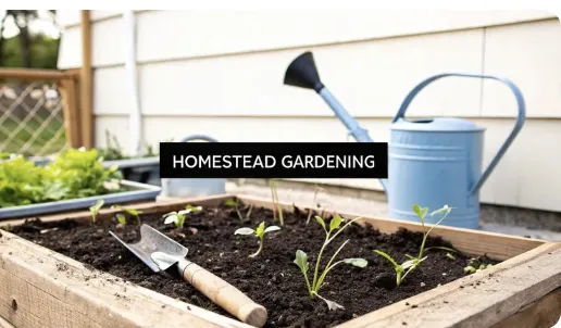 Raised garden bed with small seedlings planted in neat rows, garden trowel and watering can in background. Text overlay reads 'Homestead Gardening.'