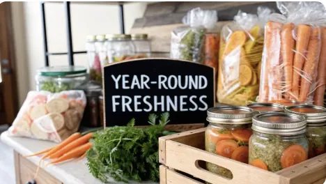 Pantry display featuring carrots in jars, bags, and crates, along with dried vegetables and pickled carrots. A sign reads 'Year-Round Freshness,' highlighting multiple storage methods.