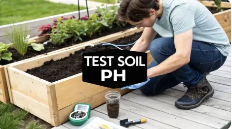Gardener kneeling beside a raised bed using soil testing tools, with pH meter, jar of soil, and gloves on the deck. Text overlay reads 'Test Soil pH.'