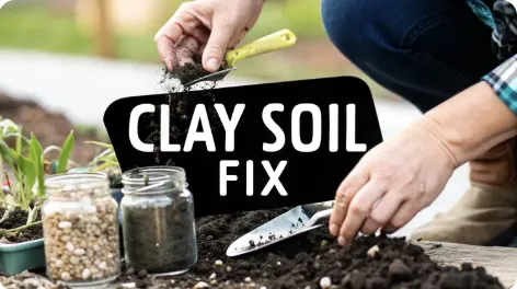Close-up of hands mixing soil in a garden bed with trowel and jars of soil amendments nearby. Text overlay reads 'Clay Soil Fix.'