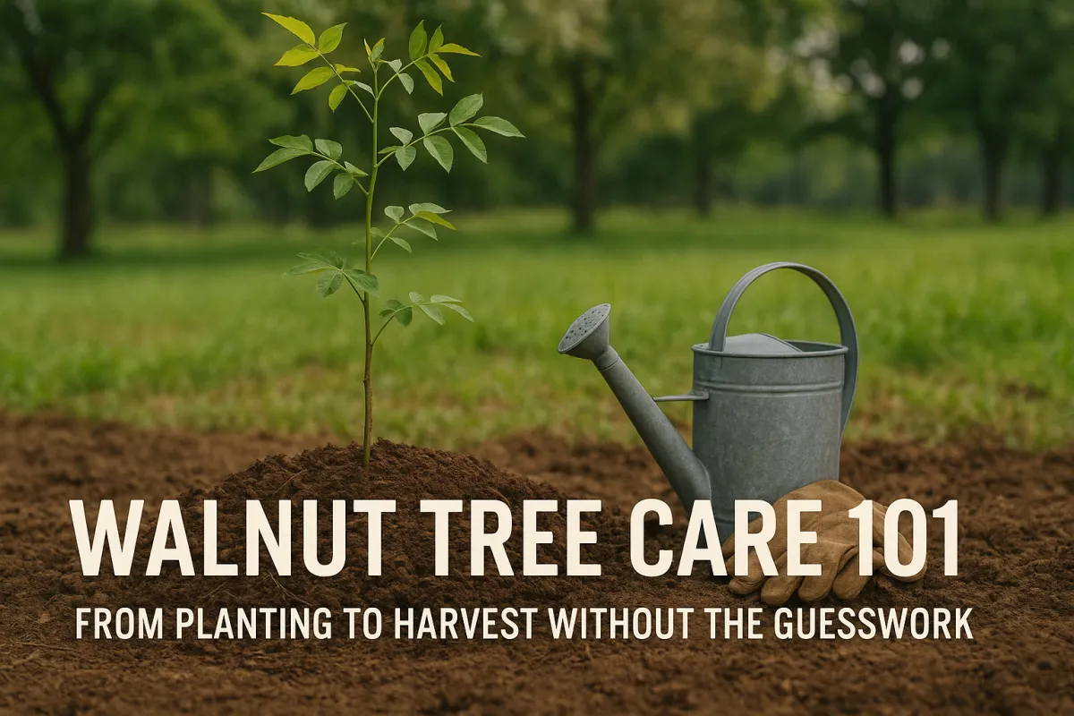 Young walnut tree sapling freshly planted in rich soil, with a metal watering can and work gloves beside it, set against a sunny, green homestead backdrop. Title text reads “Walnut Tree Care 101: From Planting to Harvest Without the Guesswork.”