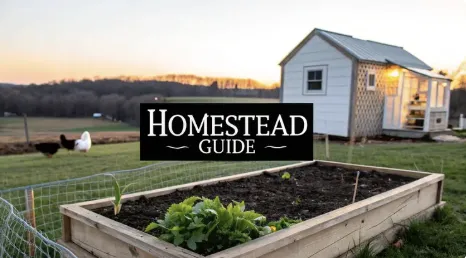 Small white homestead cabin at sunset with chickens in the yard and a wooden raised garden bed in the foreground containing leafy green vegetables. A black sign over the image reads ‘Homestead Guide.’